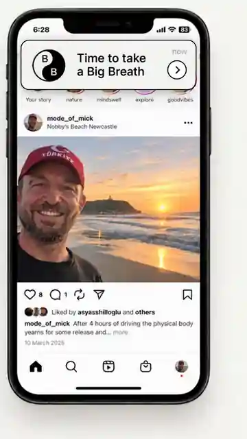 An Instagram-style social feed open on a phone as a Big Breath notification says Time to take a big breath.